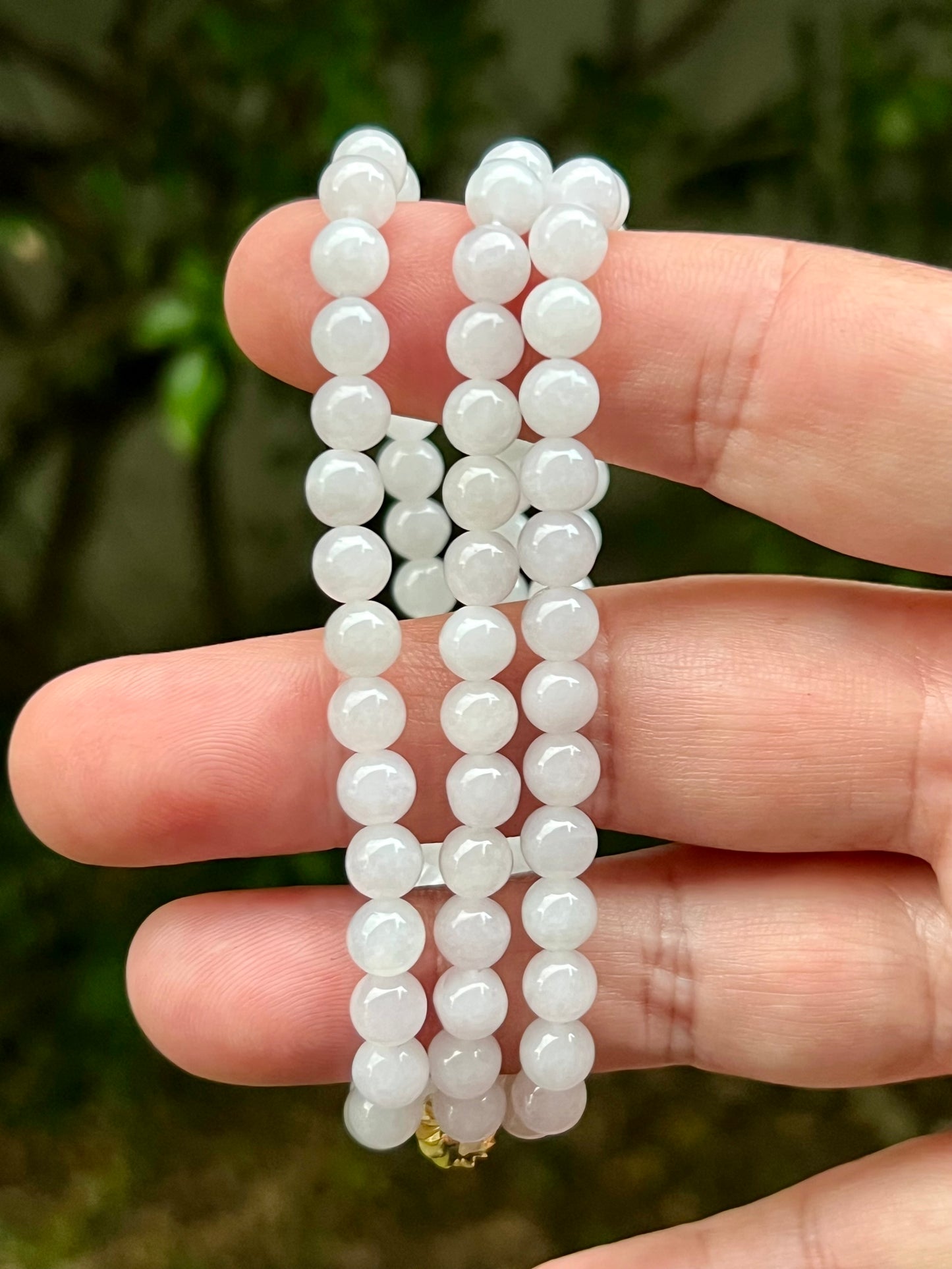 Natural Certified Grade A Burmese Jadeite Jade Beaded Necklace – Icy Milky White & Light Apple Green Hues – 6.3mm Beads – JN016