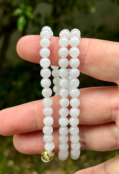Natural Certified Grade A Burmese Jadeite Jade Beaded Necklace – Icy Milky White & Light Apple Green Hues – 6.3mm Beads – JN016