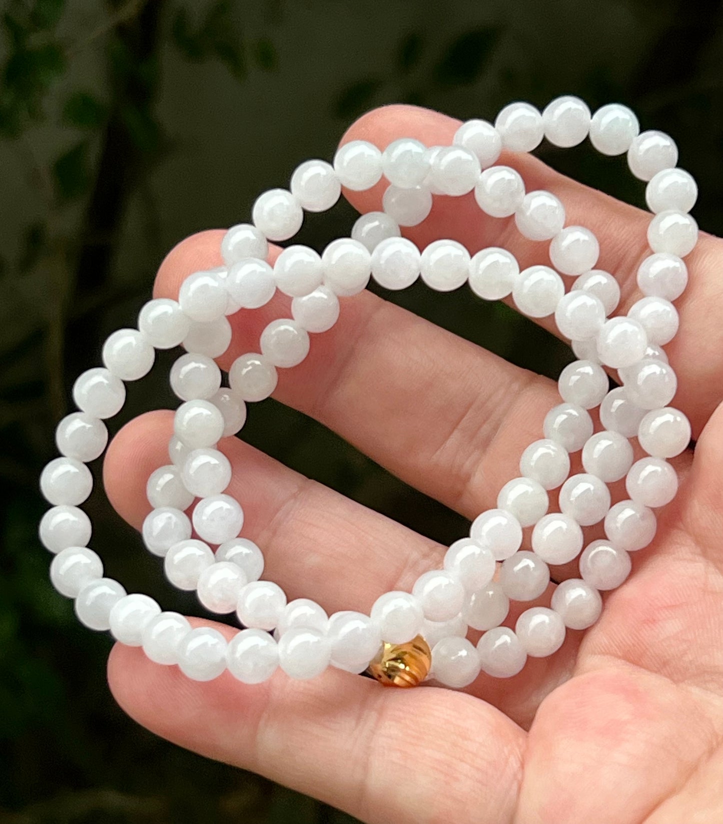 Natural Certified Grade A Burmese Jadeite Jade Beaded Necklace – Icy Milky White & Light Apple Green Hues – 6.3mm Beads – JN016