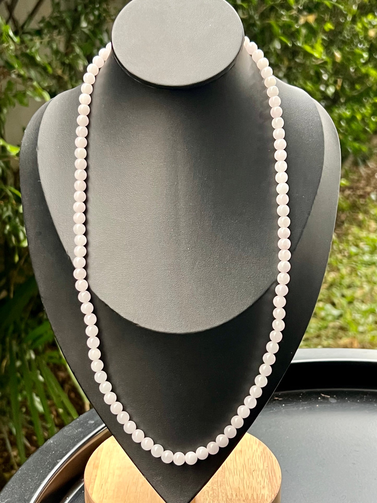 Natural Certified Grade A Burmese Jadeite Jade Beaded Necklace – Icy Milky White & Light Apple Green Hues – 6.3mm Beads – JN016