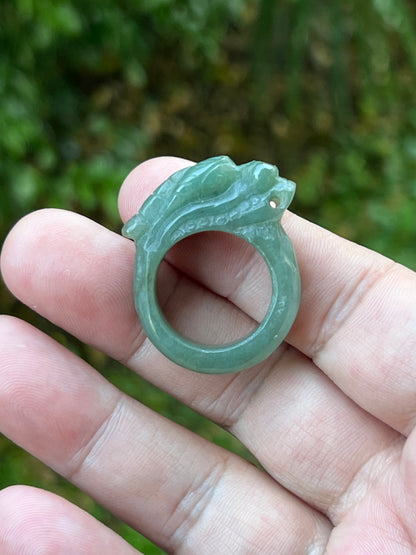 Natural Grade A Burmese Jadeite Jade Ring – Soft Icy Apple Green Tones – Hand-Carved Dragon Motif – Thick Band Statement Style – Size 9 US - JDR001