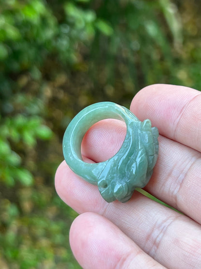 Natural Grade A Burmese Jadeite Jade Ring – Soft Icy Apple Green Tones – Hand-Carved Dragon Motif – Thick Band Statement Style – Size 9 US - JDR001