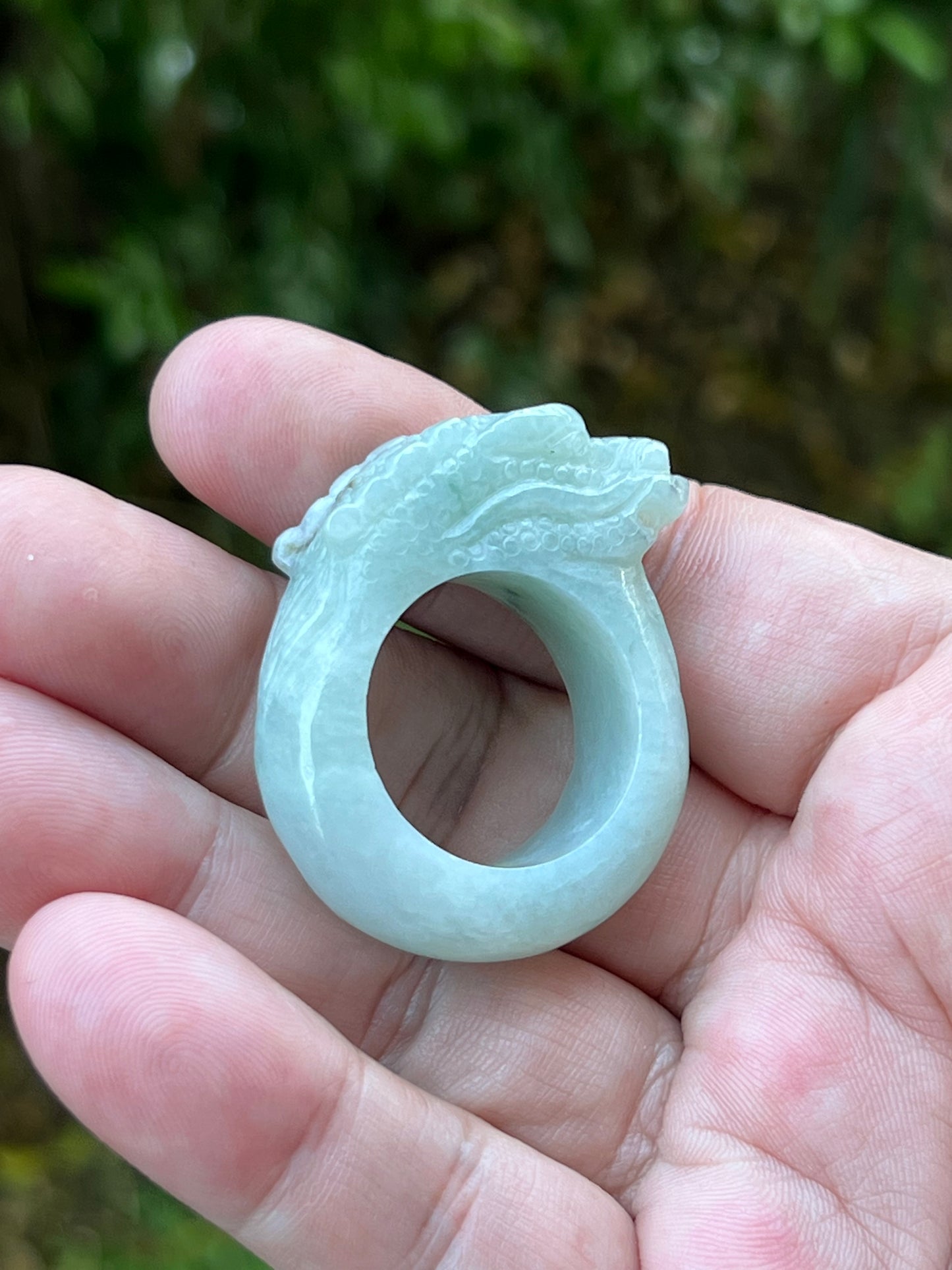 Natural Grade A Burmese Jadeite Jade Ring – Icy Bluish White – Hand-Carved Dragon Motif – Thick Heavy Statement Band – Size 12.75US - JDR003