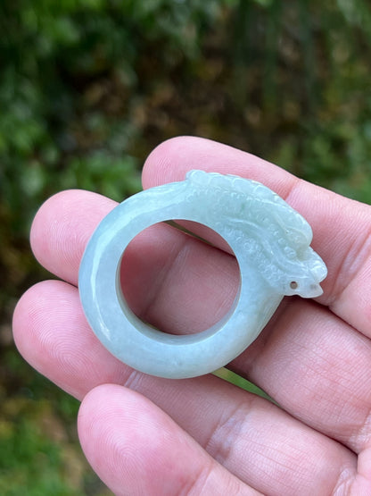 Natural Grade A Burmese Jadeite Jade Ring – Icy Bluish White – Hand-Carved Dragon Motif – Thick Heavy Statement Band – Size 12.75US - JDR003