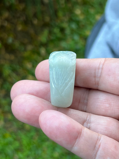 Natural Grade A Burmese Jadeite Jade Ring Size US 9.25 Icy Bluish White with Soft Apple Green Hand Carved Dragon Motif Thick Heavy Band JDR004