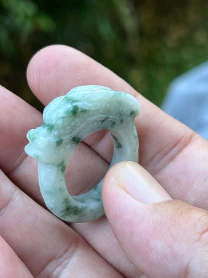 Natural Grade A Burmese Jadeite Jade Ring Size US 9.5 Icy White with Moss Green Inclusions Hand Carved Dragon Motif Thick Band Statement Ring JDR005