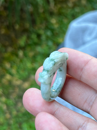 Natural Grade A Burmese Jadeite Jade Ring Size US 9.5 Icy White with Moss Green Inclusions Hand Carved Dragon Motif Thick Band Statement Ring JDR005