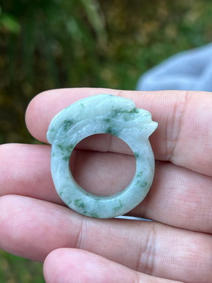Natural Grade A Burmese Jadeite Jade Ring Size US 9.5 Icy White with Moss Green Inclusions Hand Carved Dragon Motif Thick Band Statement Ring JDR005