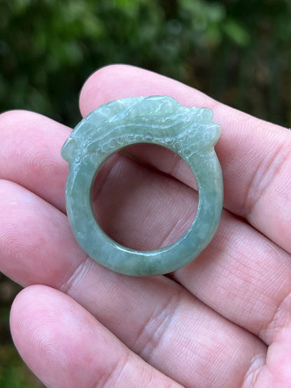 Natural Grade A Burmese Jadeite Jade Ring Size US 12.5 Icy Green Semi Translucent Hand Carved Dragon Motif Thick Heavy Statement Band JDR006