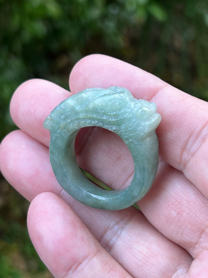 Natural Grade A Burmese Jadeite Jade Ring Size US 12.5 Icy Green Semi Translucent Hand Carved Dragon Motif Thick Heavy Statement Band JDR006