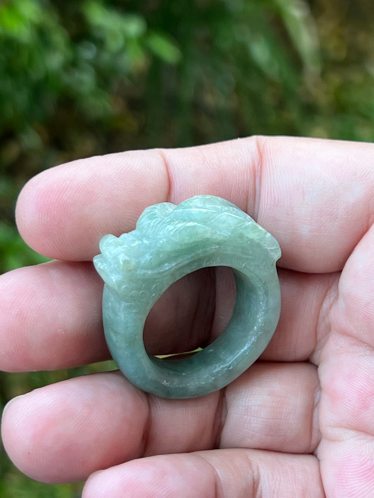 Natural Grade A Burmese Jadeite Jade Ring Size US 12.5 Icy Green Semi Translucent Hand Carved Dragon Motif Thick Heavy Statement Band JDR006