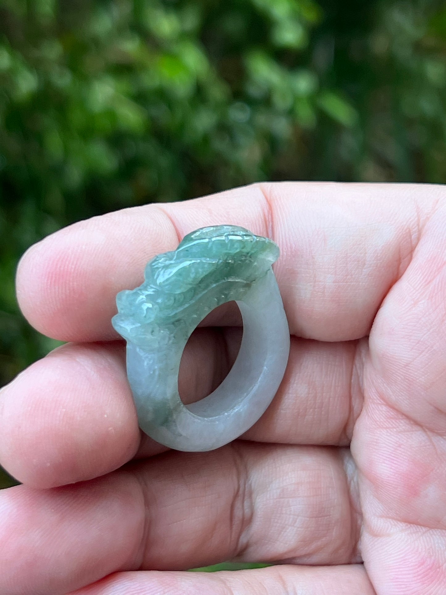 Natural Grade A Burmese Jadeite Jade Ring Size US 8 Icy White and Green Semi Translucent Hand Carved Dragon Motif Elegant Statement Band JDR008
