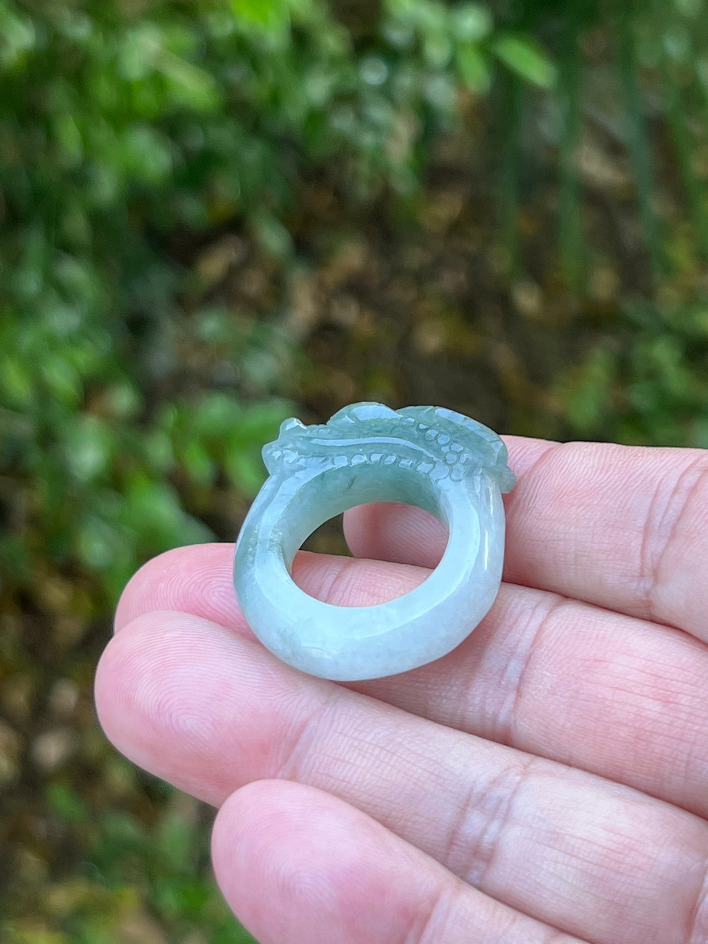 Natural Grade A Burmese Jadeite Jade Ring Size US 8 Icy White and Green Semi Translucent Hand Carved Dragon Motif Elegant Statement Band JDR008