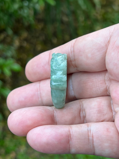 Natural Grade A Burmese Jadeite Jade Ring Size US 9.75 Icy Green Semi Translucent Hand Carved Dragon Motif Thick Elegant Statement Band JDR009