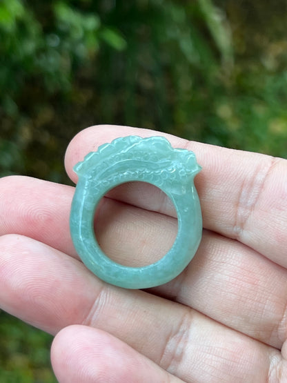 Natural Grade A Burmese Jadeite Jade Ring Size US 9.25 Icy Green Semi Translucent Hand Carved Dragon Motif Elegant Smooth Band JDR010