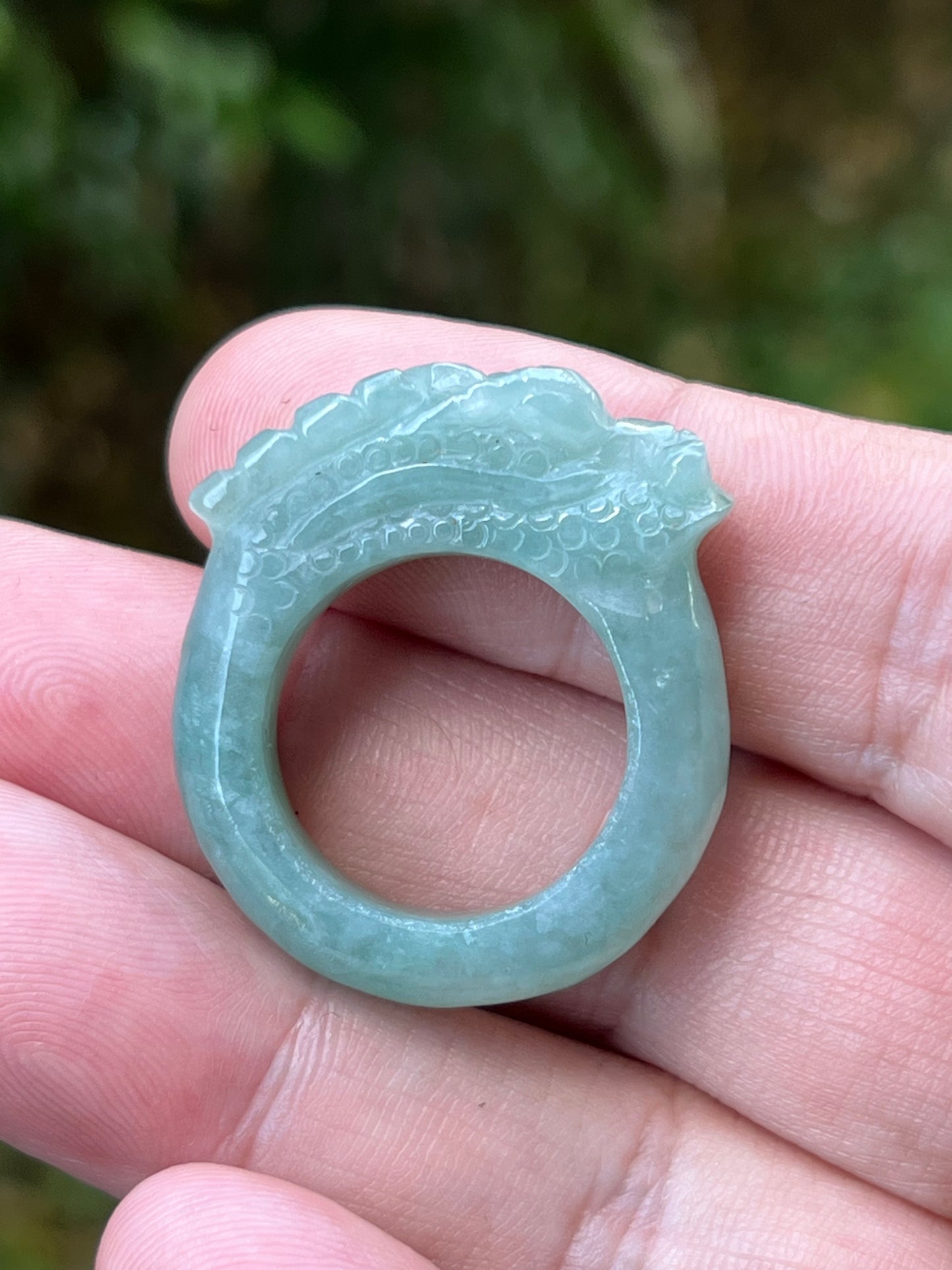 Natural Grade A Burmese Jadeite Jade Ring Size US 9.25 Icy Green Semi Translucent Hand Carved Dragon Motif Elegant Smooth Band JDR010