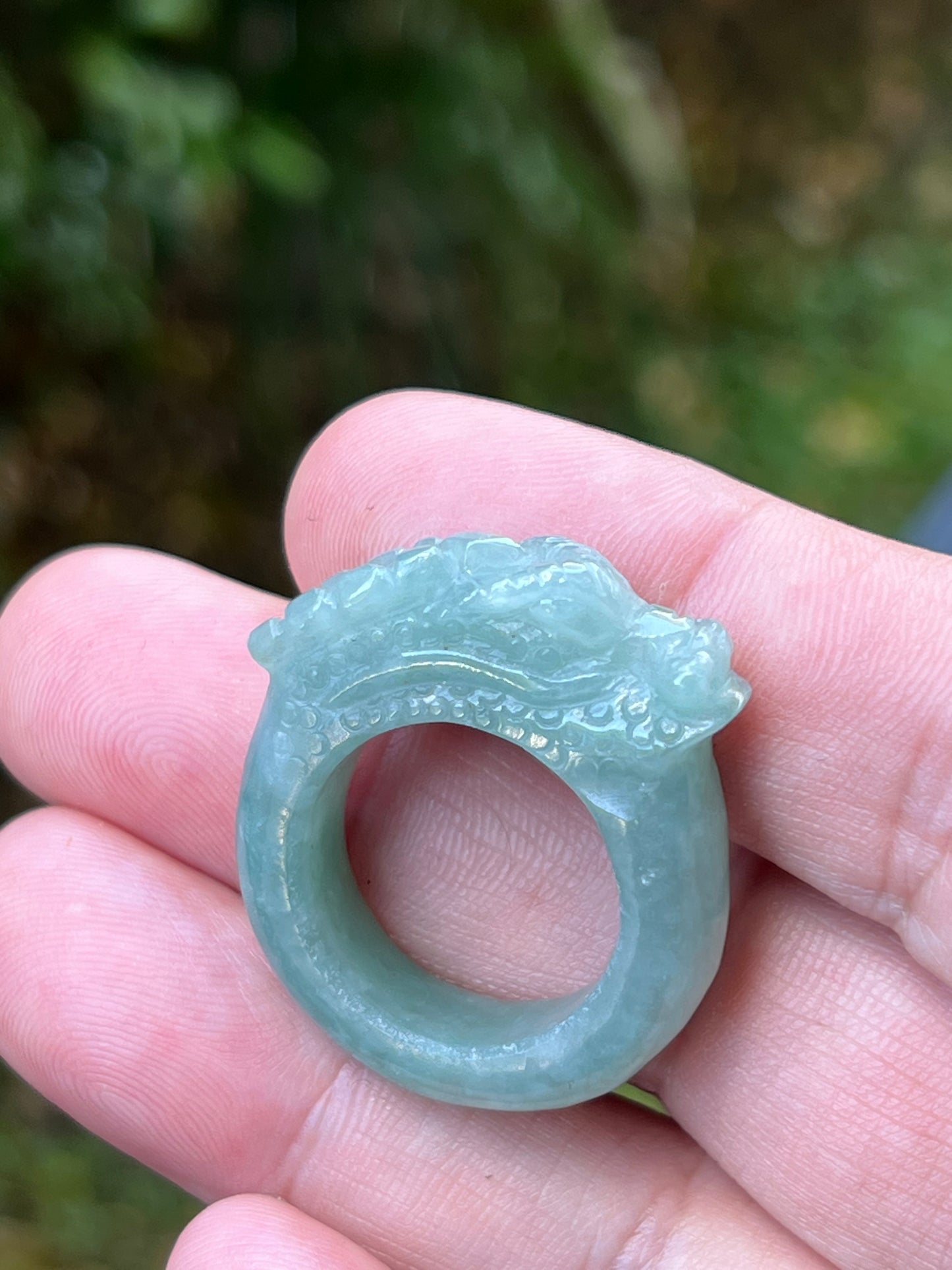 Natural Grade A Burmese Jadeite Jade Ring Size US 9.25 Icy Green Semi Translucent Hand Carved Dragon Motif Elegant Smooth Band JDR010