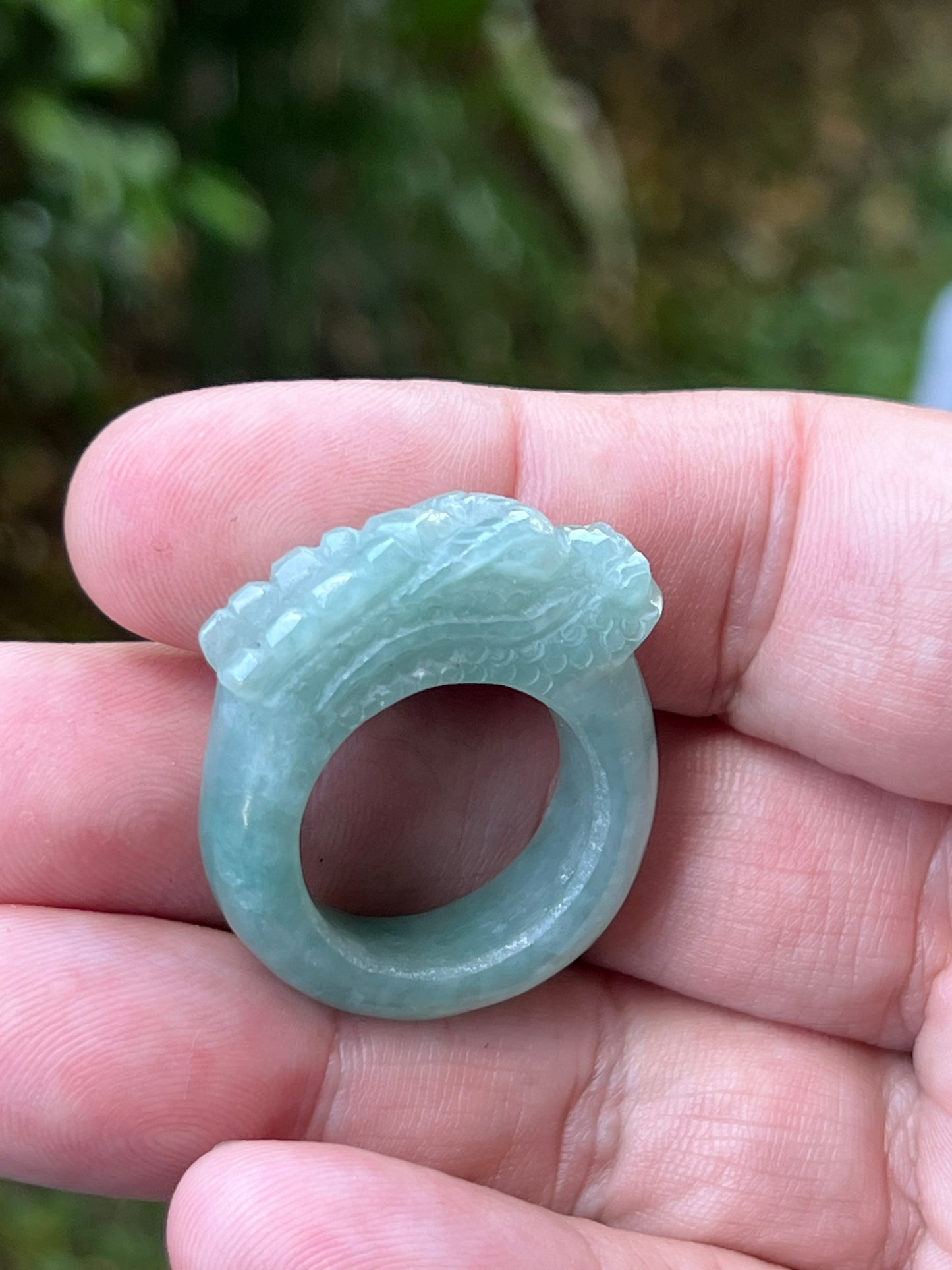 Natural Grade A Burmese Jadeite Jade Ring Size US 9.25 Icy Green Semi Translucent Hand Carved Dragon Motif Elegant Smooth Band JDR010