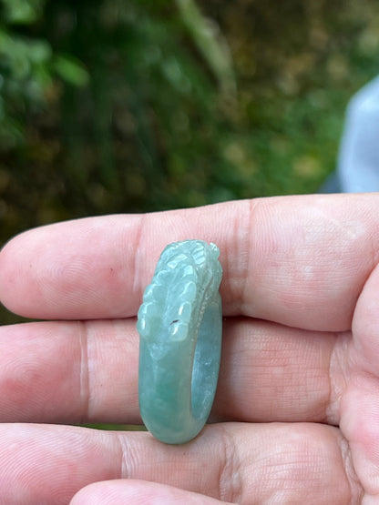 Natural Grade A Burmese Jadeite Jade Ring Size US 9.25 Icy Green Semi Translucent Hand Carved Dragon Motif Elegant Smooth Band JDR010