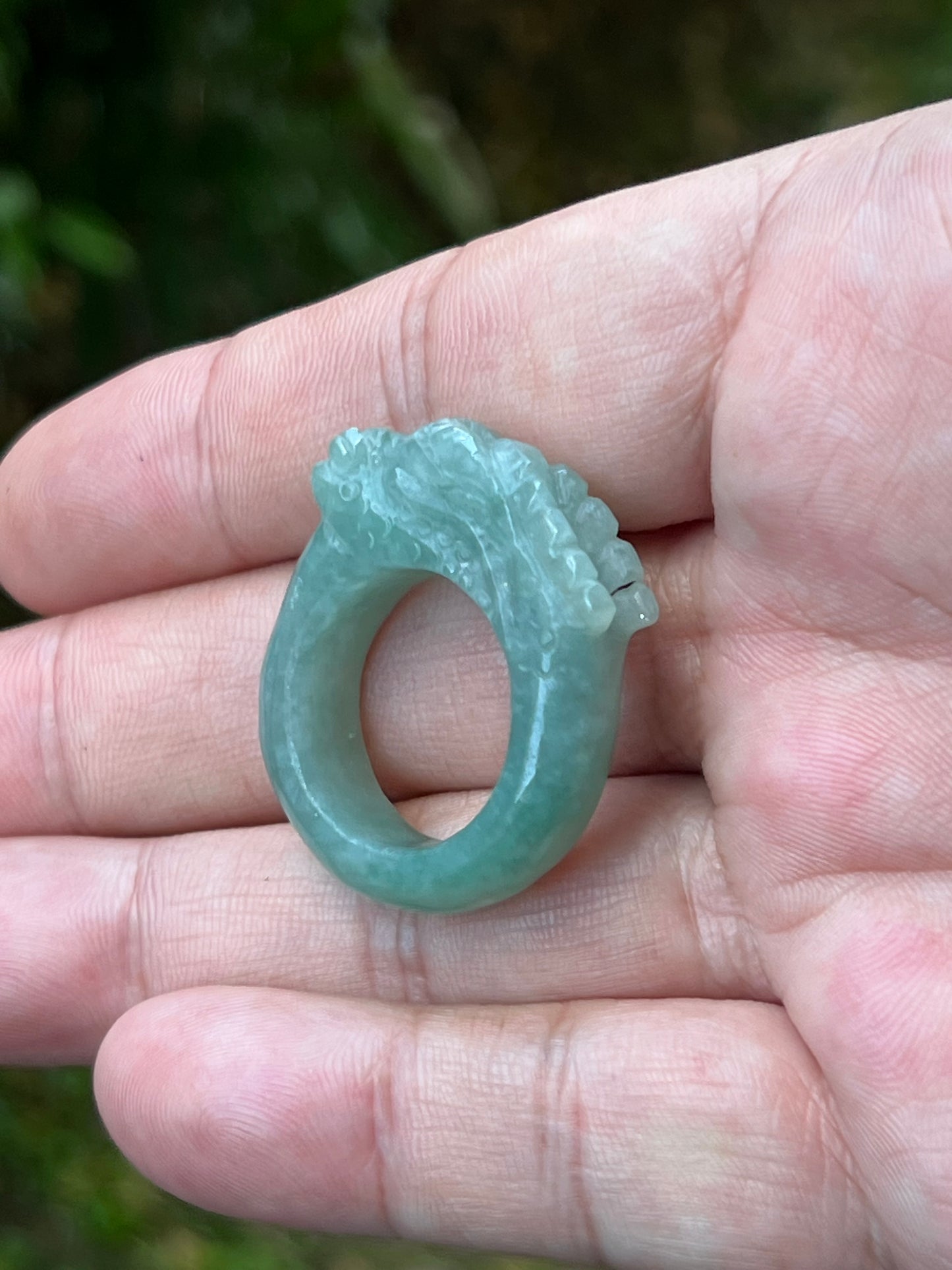Natural Grade A Burmese Jadeite Jade Ring Size US 9.25 Icy Green Semi Translucent Hand Carved Dragon Motif Elegant Smooth Band JDR010