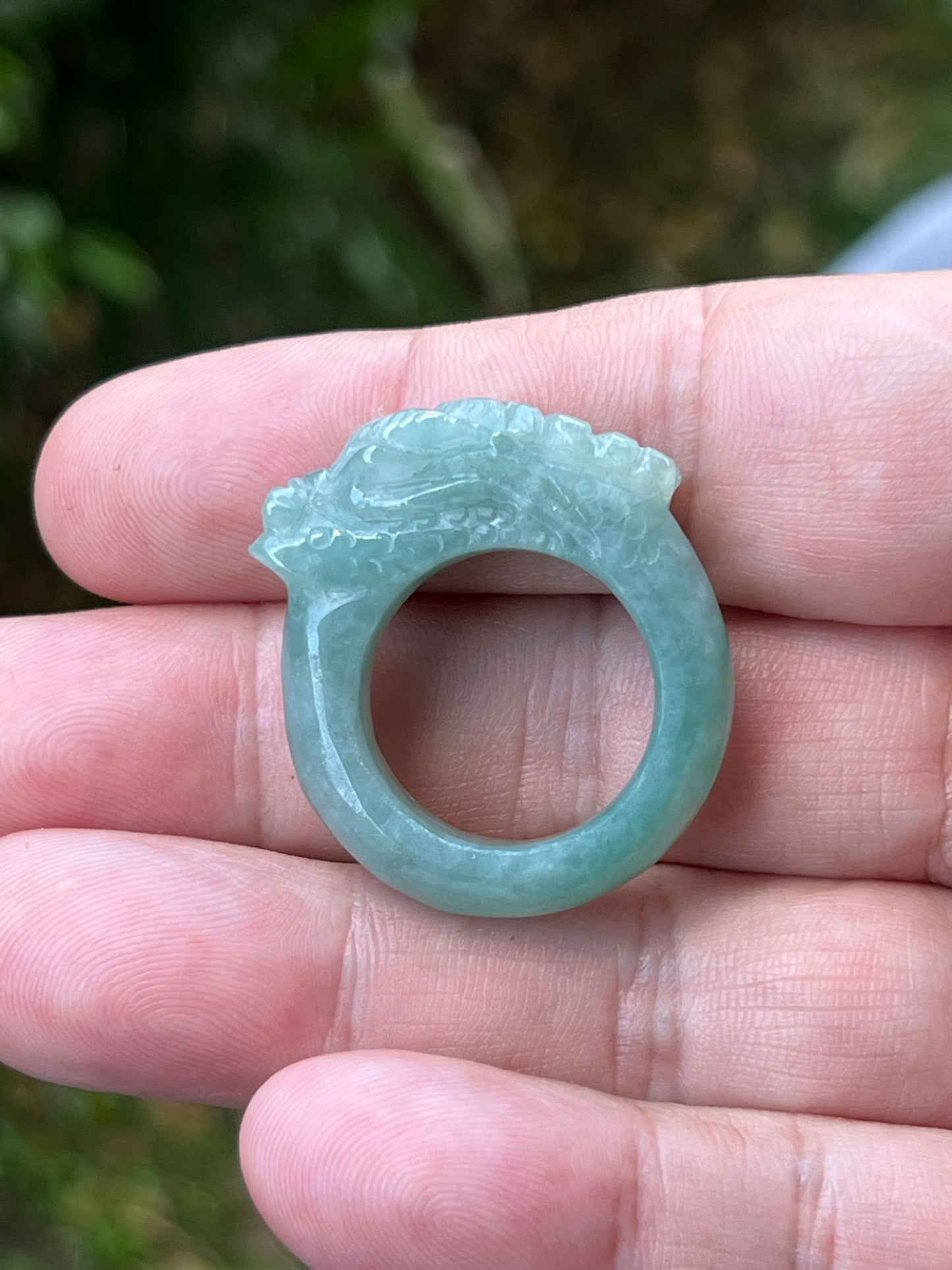 Natural Grade A Burmese Jadeite Jade Ring Size US 9.25 Icy Green Semi Translucent Hand Carved Dragon Motif Elegant Smooth Band JDR010