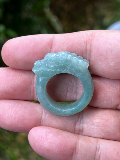 Natural Grade A Burmese Jadeite Jade Ring Size US 9.25 Icy Green Semi Translucent Hand Carved Dragon Motif Elegant Smooth Band JDR010