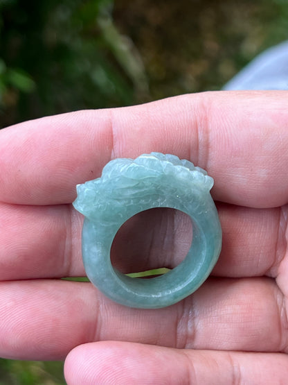Natural Grade A Burmese Jadeite Jade Ring Size US 9.25 Icy Green Semi Translucent Hand Carved Dragon Motif Elegant Smooth Band JDR010