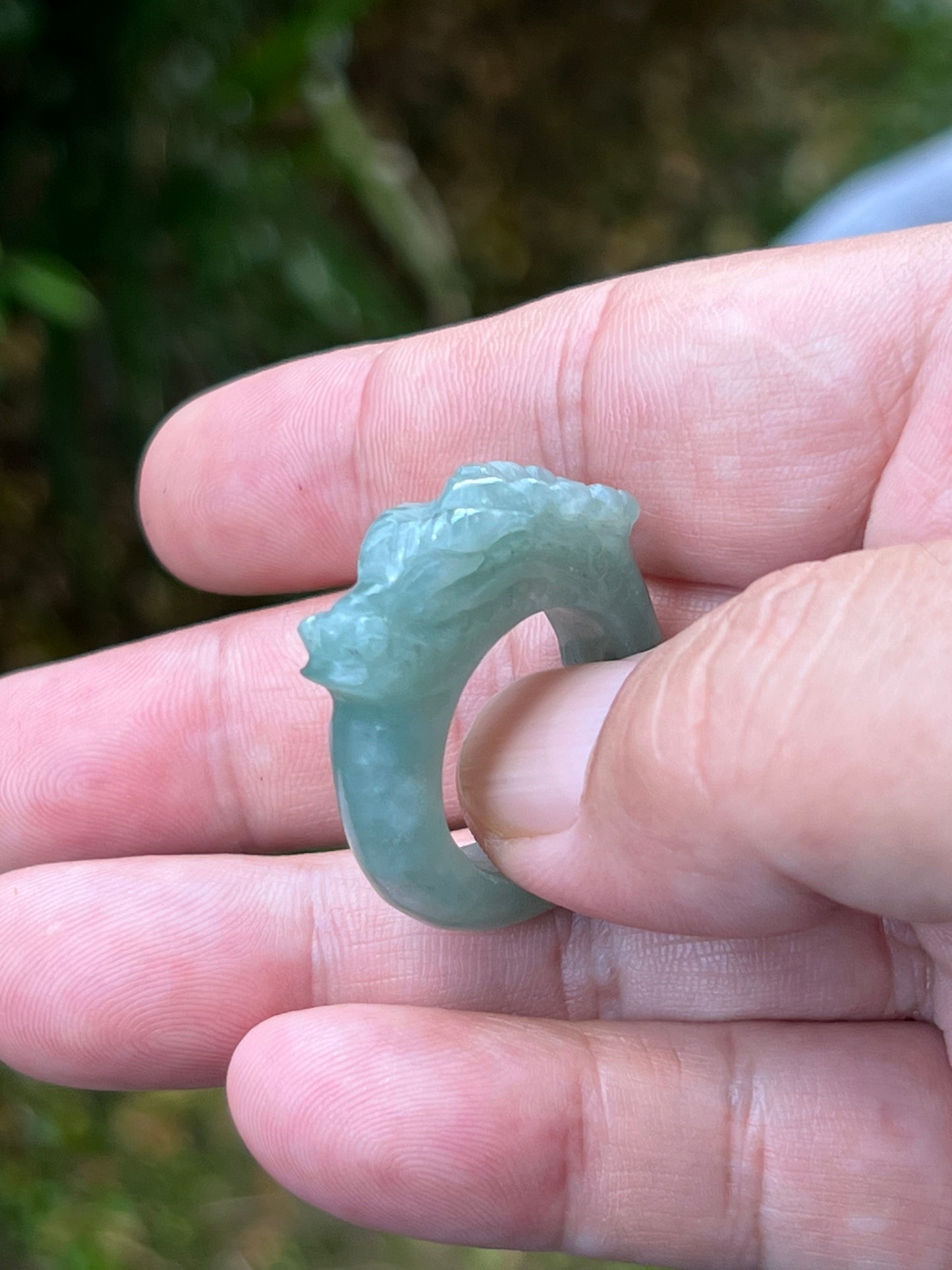 Natural Grade A Burmese Jadeite Jade Ring Size US 9.25 Icy Green Semi Translucent Hand Carved Dragon Motif Elegant Smooth Band JDR010