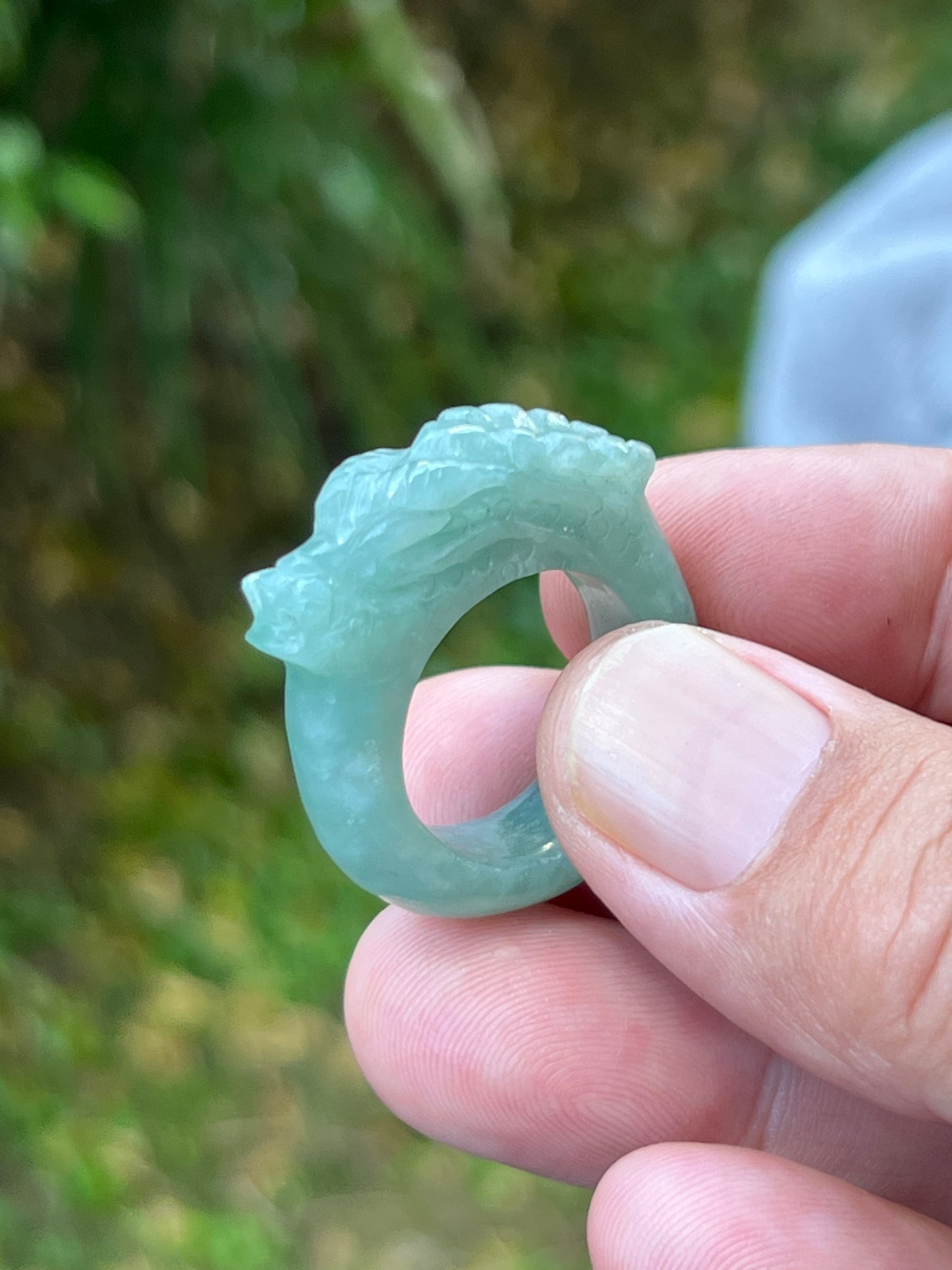 Natural Grade A Burmese Jadeite Jade Ring Size US 9.25 Icy Green Semi Translucent Hand Carved Dragon Motif Elegant Smooth Band JDR010