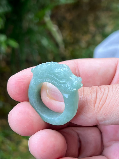 Natural Grade A Burmese Jadeite Jade Ring Size US 9.25 Icy Green Semi Translucent Hand Carved Dragon Motif Elegant Smooth Band JDR010