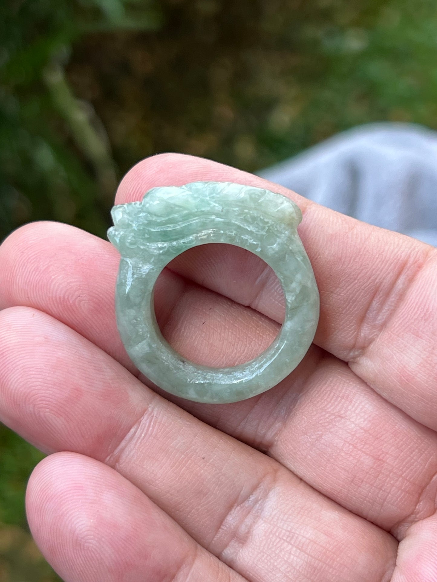 Natural Grade A Burmese Jadeite Jade Ring Size US 9.75 Icy Light Green Semi Translucent Hand Carved Dragon Motif Slim Band JDR011