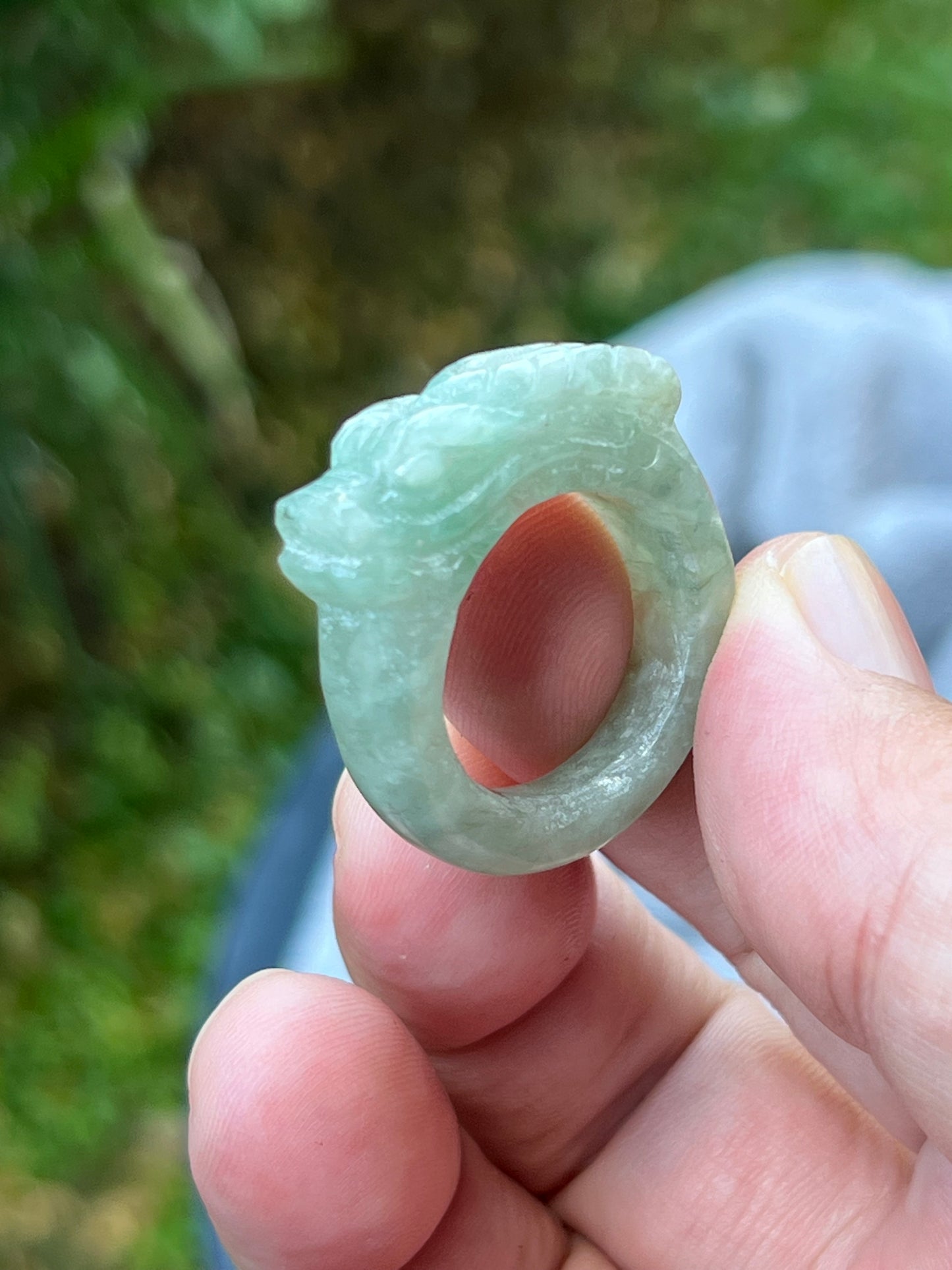 Natural Grade A Burmese Jadeite Jade Ring Size US 9.75 Icy Light Green Semi Translucent Hand Carved Dragon Motif Slim Band JDR011