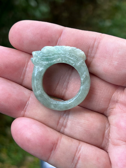 Natural Grade A Burmese Jadeite Jade Ring Size US 9.75 Icy Light Green Semi Translucent Hand Carved Dragon Motif Slim Band JDR011