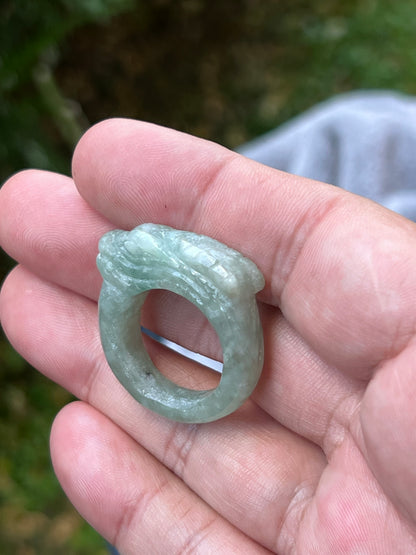 Natural Grade A Burmese Jadeite Jade Ring Size US 9.75 Icy Light Green Semi Translucent Hand Carved Dragon Motif Slim Band JDR011
