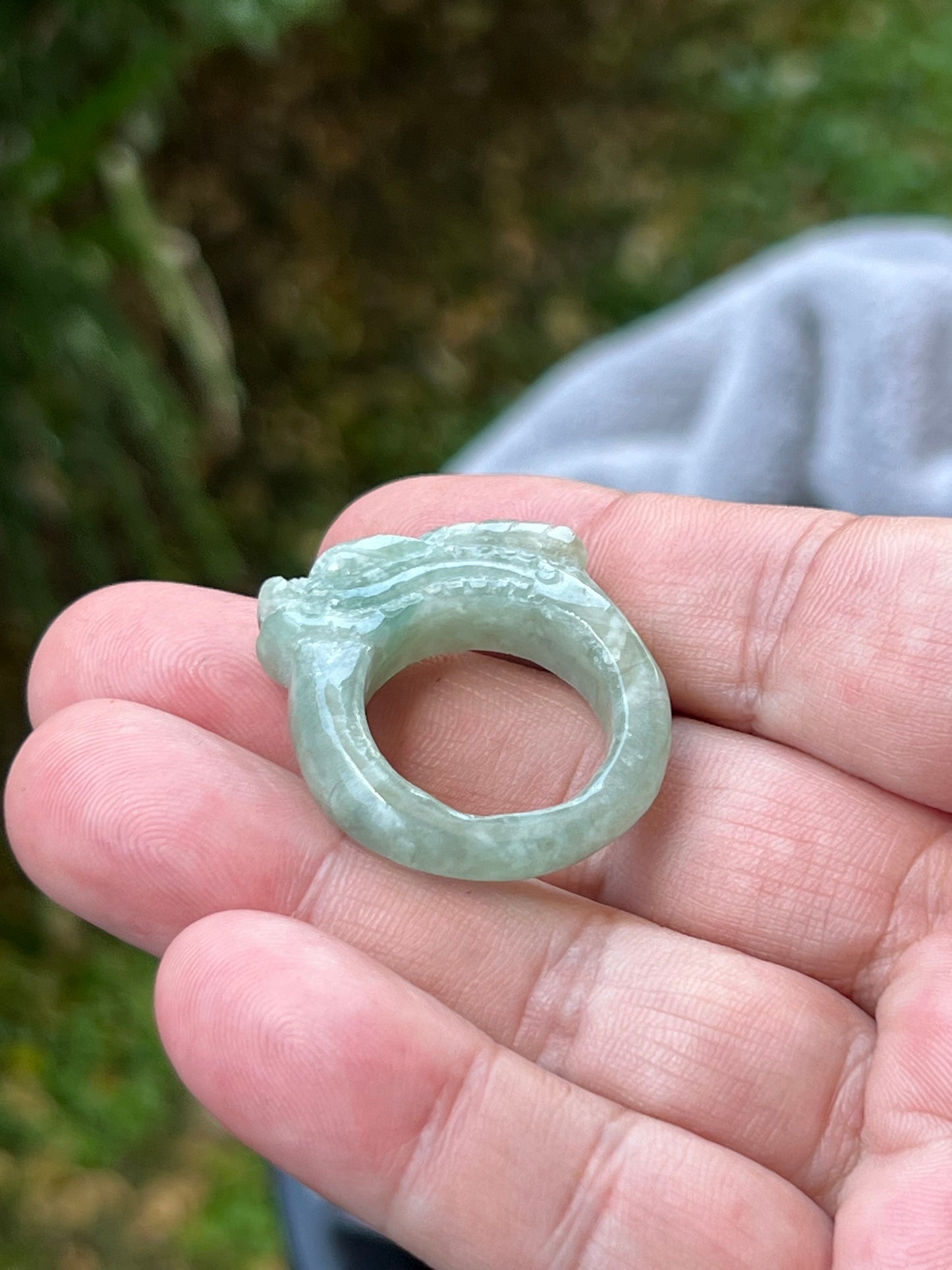 Natural Grade A Burmese Jadeite Jade Ring Size US 9.75 Icy Light Green Semi Translucent Hand Carved Dragon Motif Slim Band JDR011