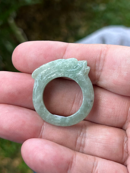 Natural Grade A Burmese Jadeite Jade Ring Size US 9.75 Icy Light Green Semi Translucent Hand Carved Dragon Motif Slim Band JDR011