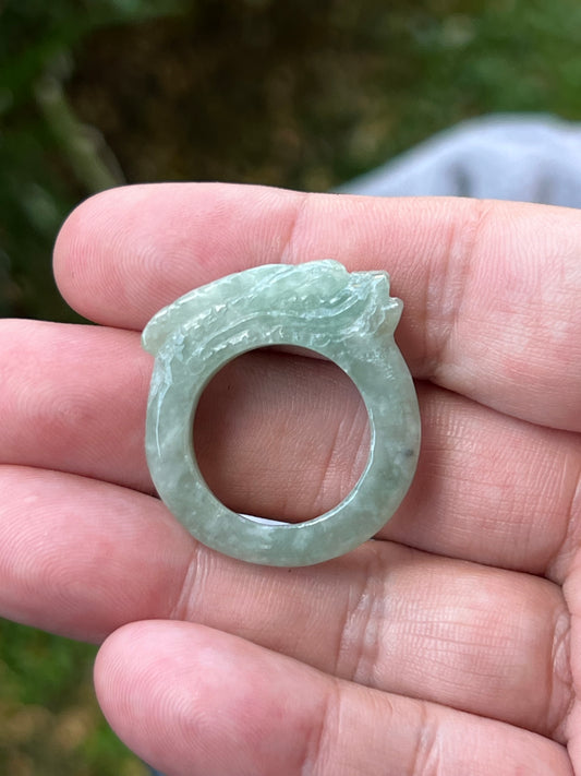 Natural Grade A Burmese Jadeite Jade Ring Size US 9.75 Icy Light Green Semi Translucent Hand Carved Dragon Motif Slim Band JDR011