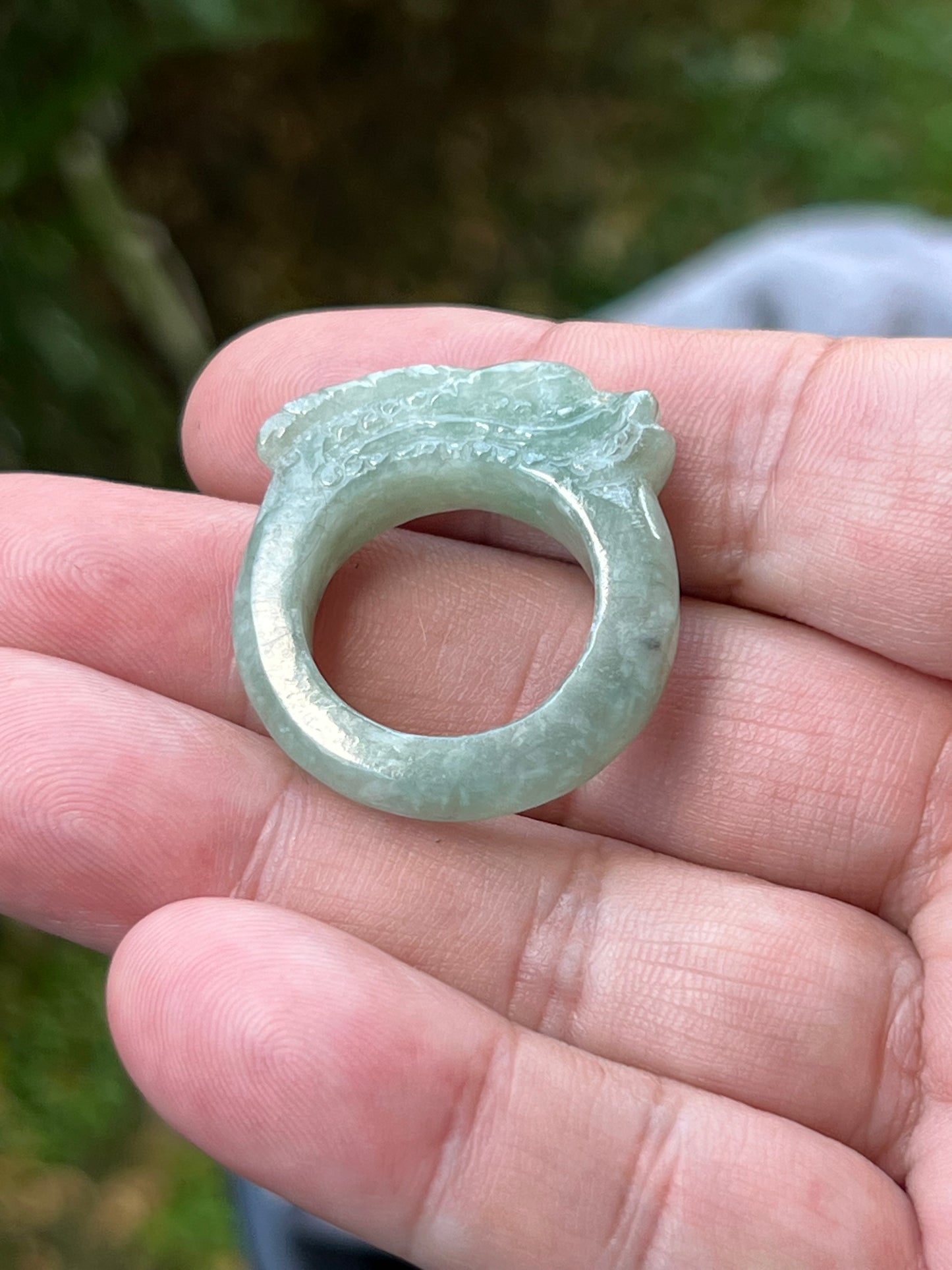 Natural Grade A Burmese Jadeite Jade Ring Size US 9.75 Icy Light Green Semi Translucent Hand Carved Dragon Motif Slim Band JDR011