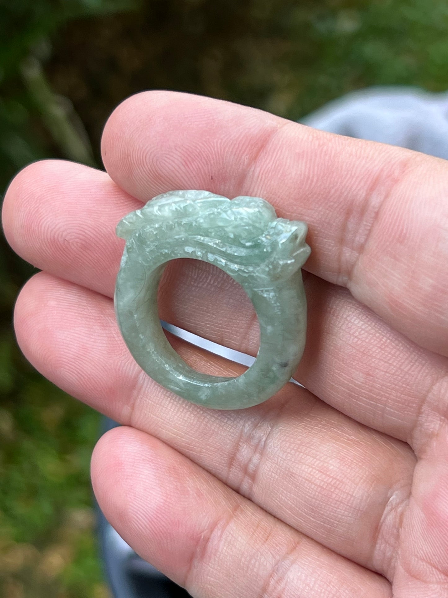 Natural Grade A Burmese Jadeite Jade Ring Size US 9.75 Icy Light Green Semi Translucent Hand Carved Dragon Motif Slim Band JDR011