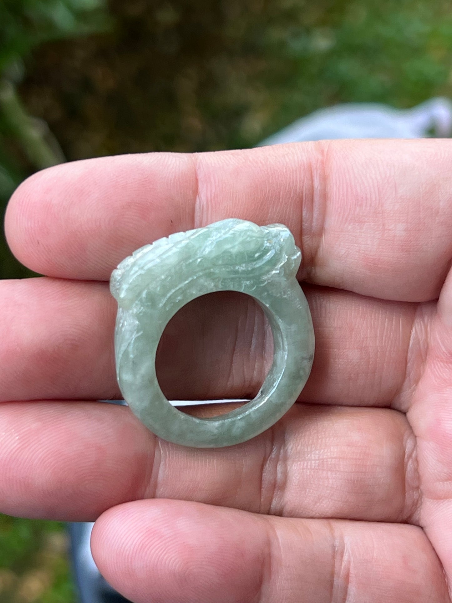 Natural Grade A Burmese Jadeite Jade Ring Size US 9.75 Icy Light Green Semi Translucent Hand Carved Dragon Motif Slim Band JDR011