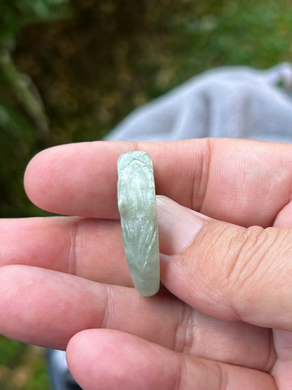 Natural Grade A Burmese Jadeite Jade Ring Size US 9.75 Icy Light Green Semi Translucent Hand Carved Dragon Motif Slim Band JDR011