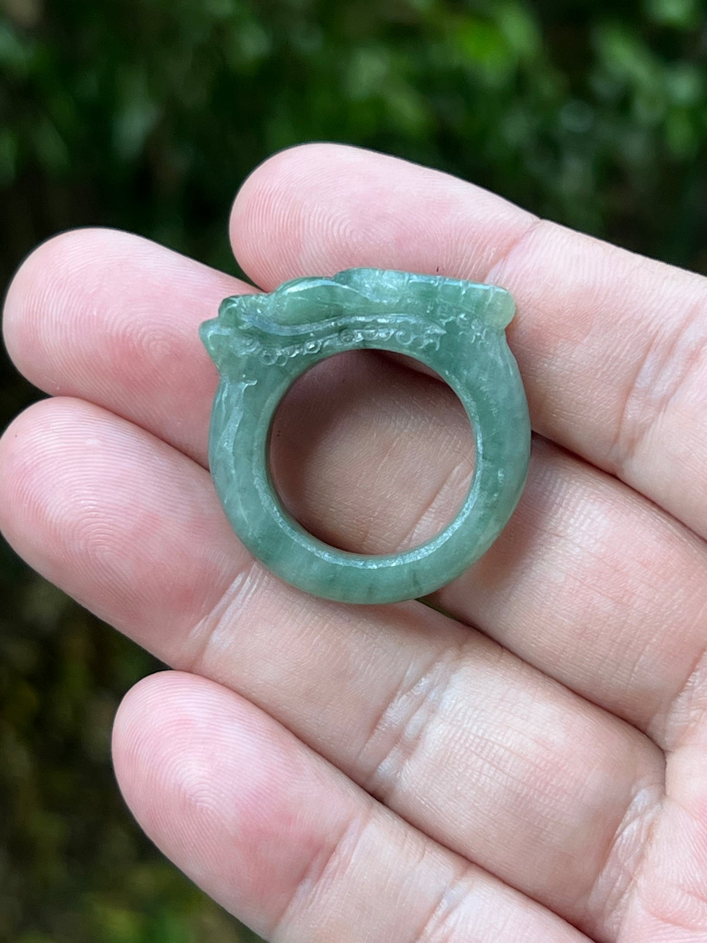 Natural Grade A Burmese Jadeite Jade Ring Size US 9.5 Icy Soft Green Semi Translucent Hand Carved Dragon Motif Smooth Band JDR012