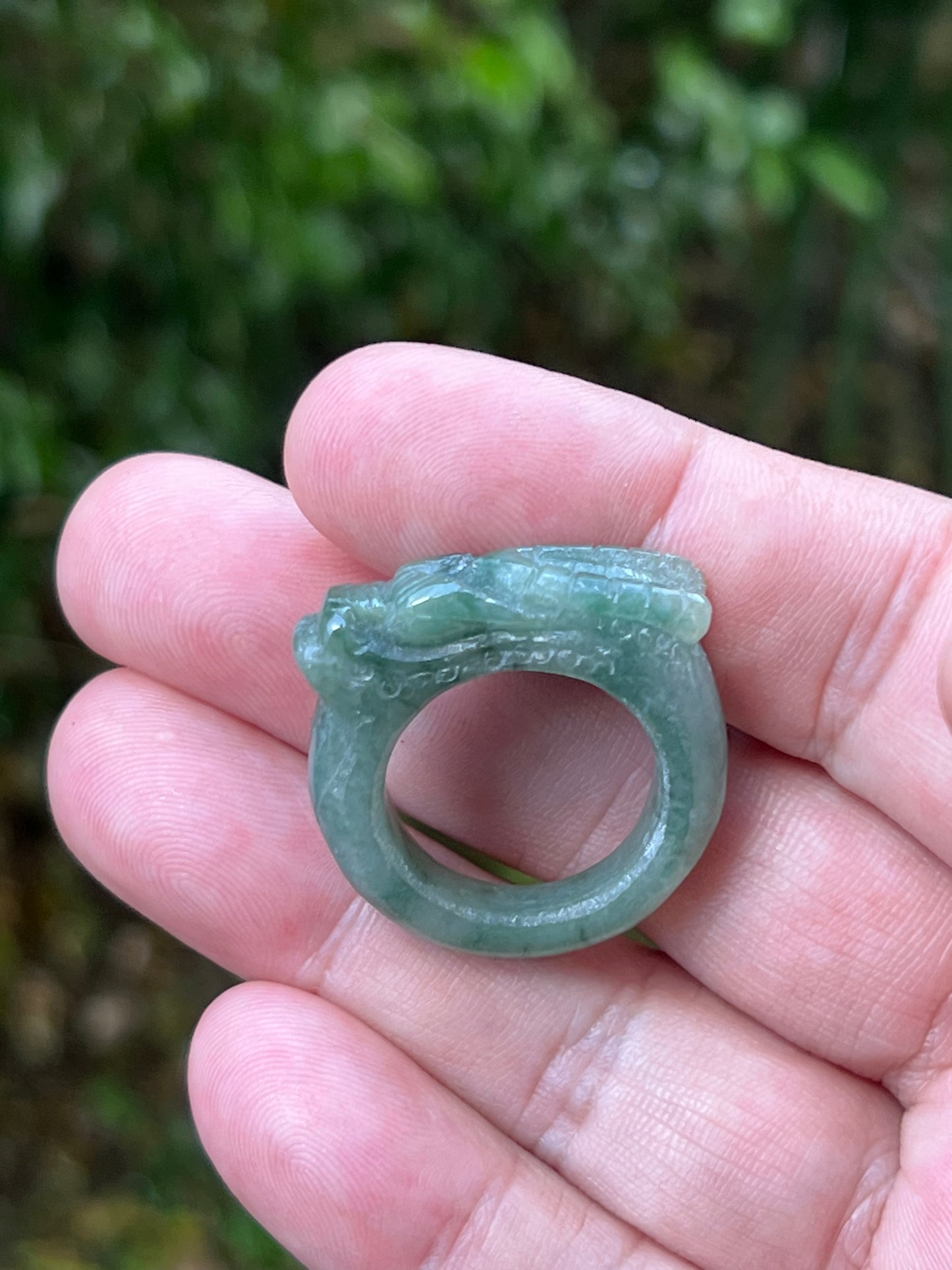 Natural Grade A Burmese Jadeite Jade Ring Size US 9.5 Icy Soft Green Semi Translucent Hand Carved Dragon Motif Smooth Band JDR012
