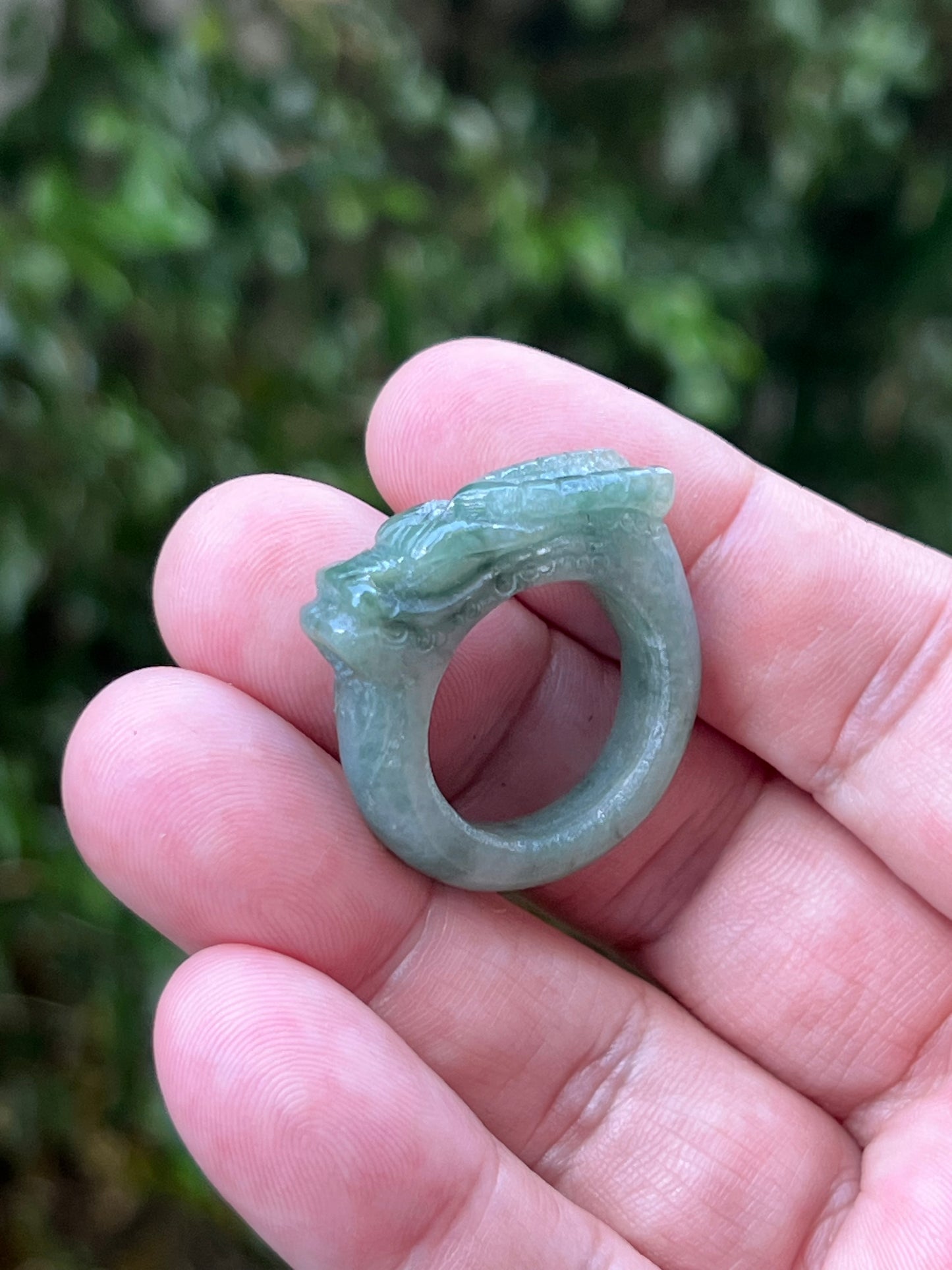 Natural Grade A Burmese Jadeite Jade Ring Size US 9.5 Icy Soft Green Semi Translucent Hand Carved Dragon Motif Smooth Band JDR012