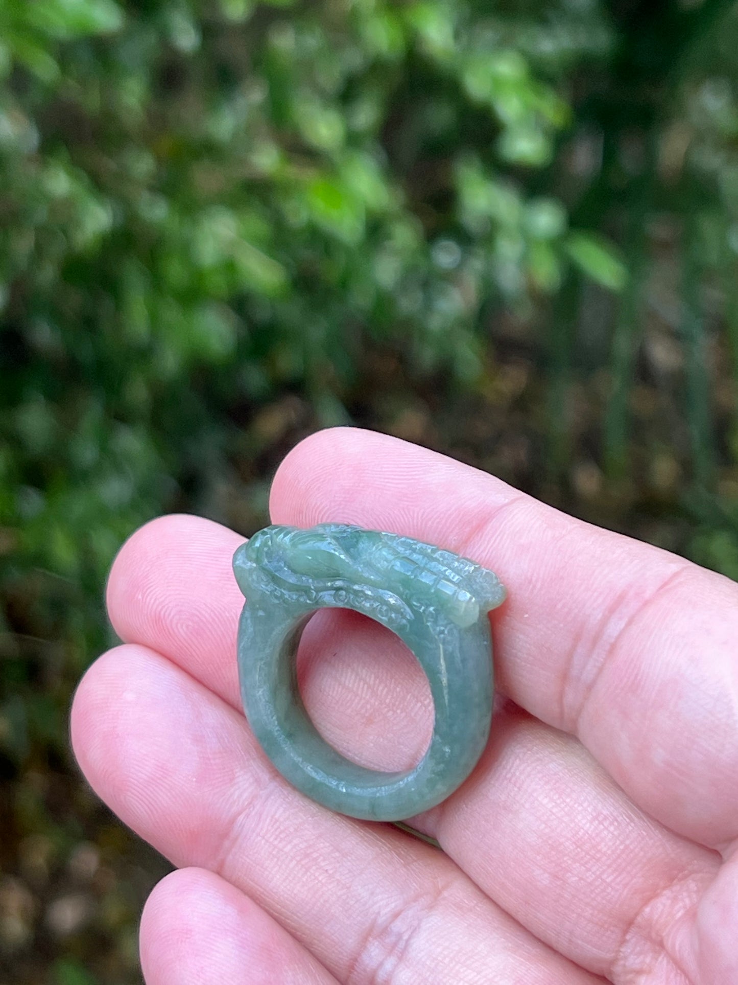 Natural Grade A Burmese Jadeite Jade Ring Size US 9.5 Icy Soft Green Semi Translucent Hand Carved Dragon Motif Smooth Band JDR012