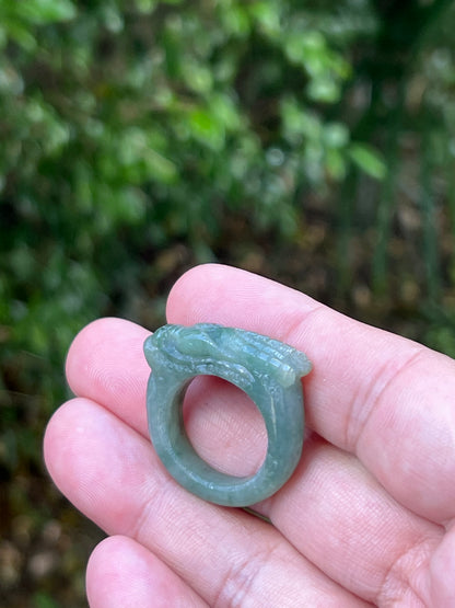 Natural Grade A Burmese Jadeite Jade Ring Size US 9.5 Icy Soft Green Semi Translucent Hand Carved Dragon Motif Smooth Band JDR012