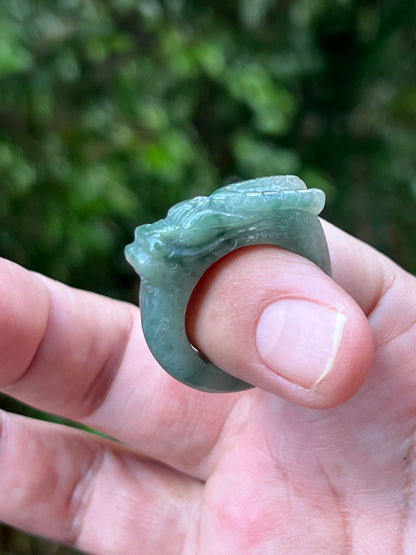 Natural Grade A Burmese Jadeite Jade Ring Size US 9.5 Icy Soft Green Semi Translucent Hand Carved Dragon Motif Smooth Band JDR012