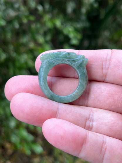 Natural Grade A Burmese Jadeite Jade Ring Size US 9.5 Icy Soft Green Semi Translucent Hand Carved Dragon Motif Smooth Band JDR012
