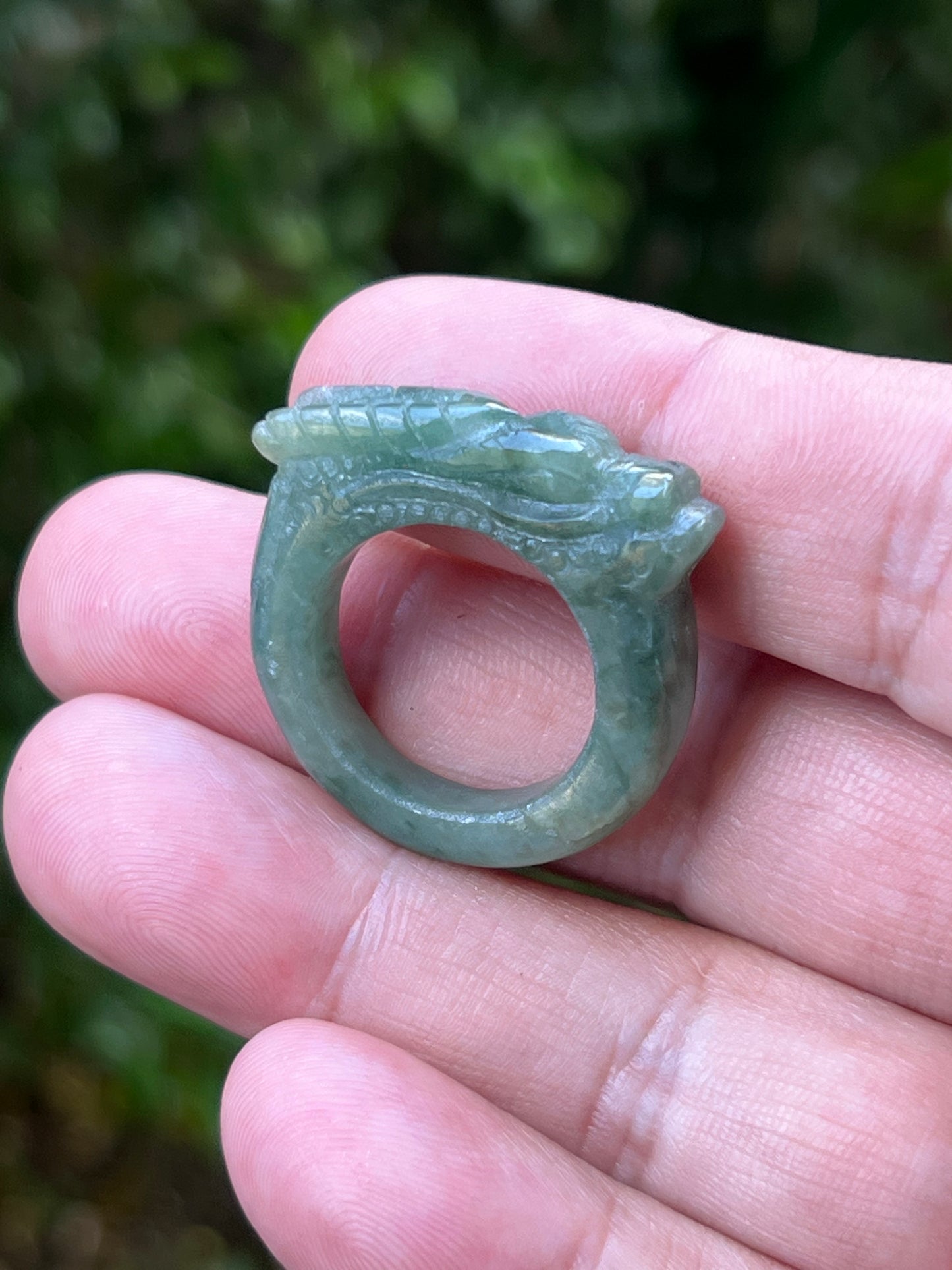 Natural Grade A Burmese Jadeite Jade Ring Size US 9.5 Icy Soft Green Semi Translucent Hand Carved Dragon Motif Smooth Band JDR012