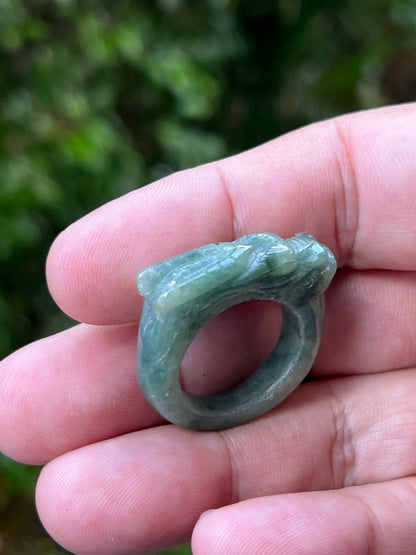 Natural Grade A Burmese Jadeite Jade Ring Size US 9.5 Icy Soft Green Semi Translucent Hand Carved Dragon Motif Smooth Band JDR012